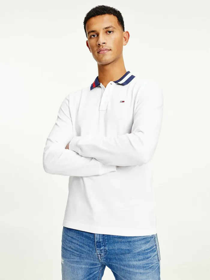 Tommy Hilfiger Signature Collar Regular Long Sleeve Polo White Mens Polo Shirts Sale Tommy Hilfiger Signature Collar Regular Long Sleeve Polo White Mens Polo Shirts Sale