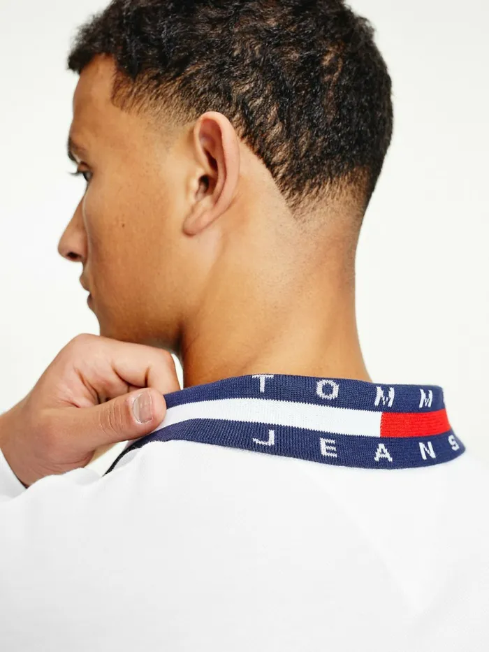 Tommy Hilfiger Signature Collar Regular Long Sleeve Polo White Mens Polo Shirts Sale