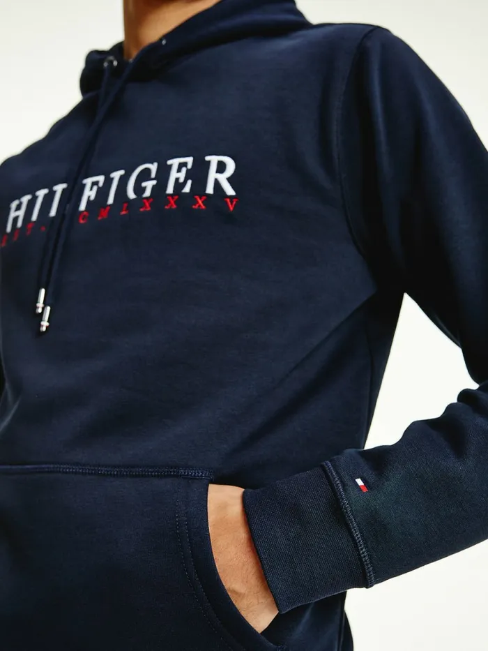 Tommy Hilfiger Signature Flex Fleece Logo Hoody Desert Sky Mens Sweatshirts and Hoodies On Sale