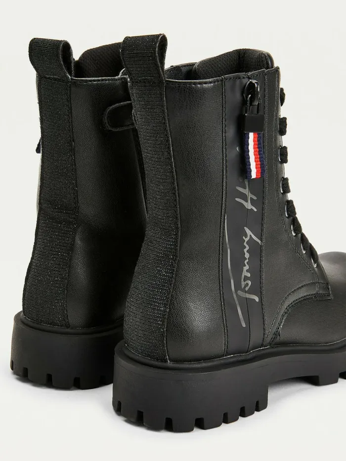 Tommy Hilfiger Signature Logo Cleat LaceUp Boots Black Girls Shoes and Accessories Sale