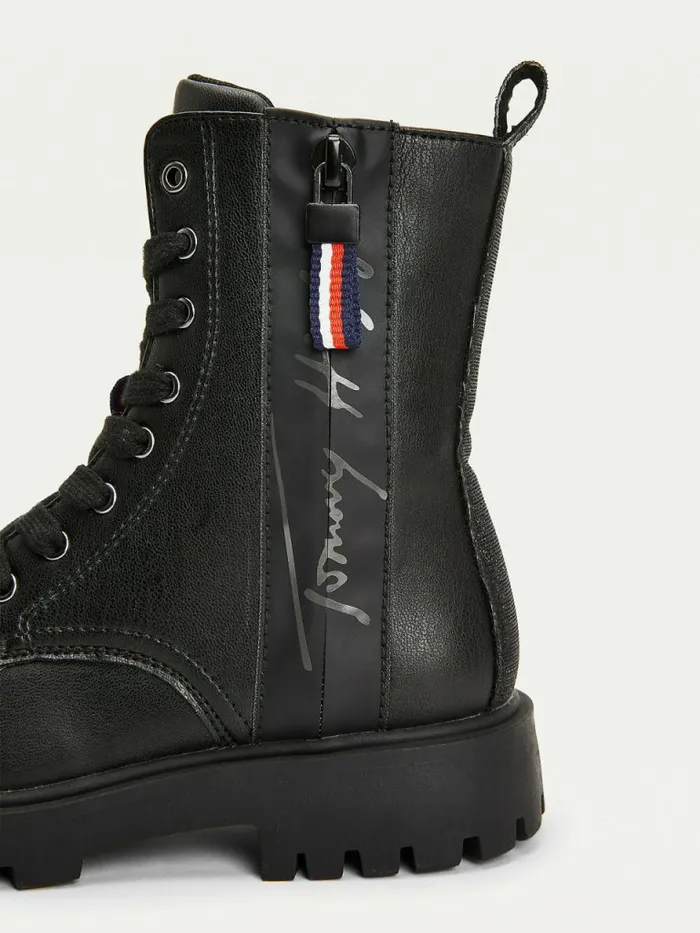 Tommy Hilfiger Signature Logo Cleat LaceUp Boots Black Girls Shoes and Accessories Sale