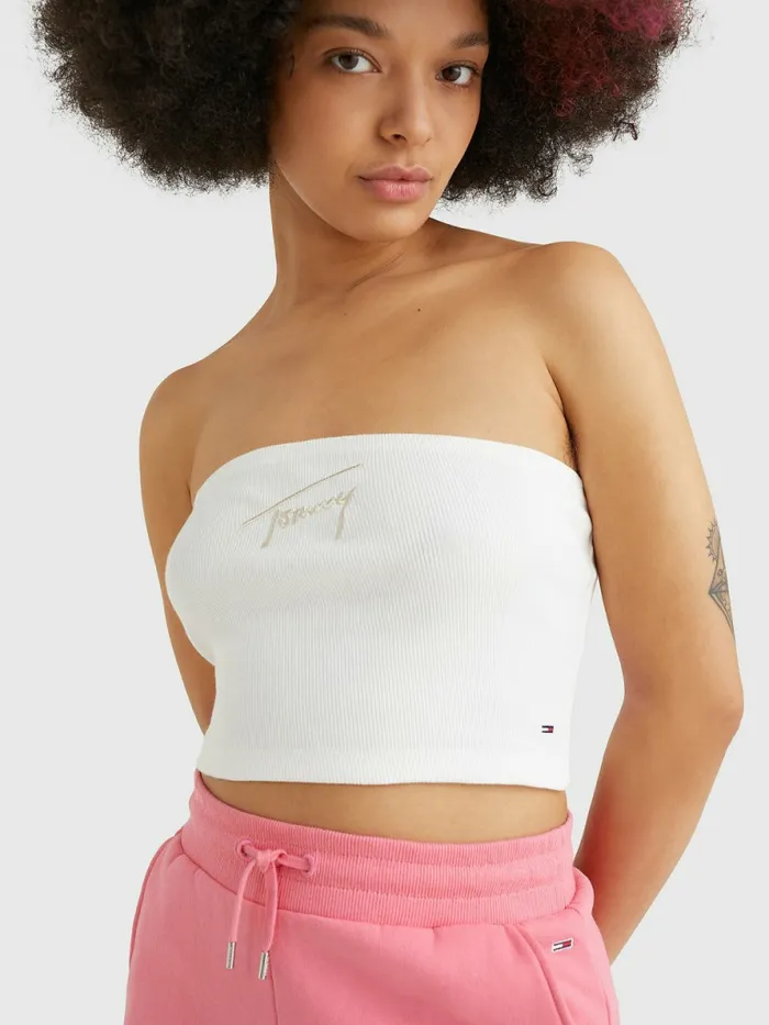 Tommy Hilfiger Signature Logo Cropped Tube Top Ecru Womens TShirts For Sale