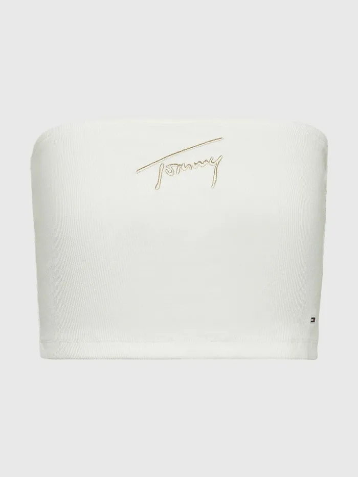 Tommy Hilfiger Signature Logo Cropped Tube Top Ecru Womens TShirts For Sale