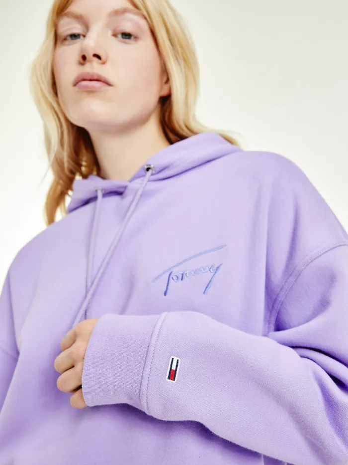 Tommy Hilfiger Signature Logo Oversized Hoody Violet Viola Womens Sweatshirts and Hoodies Fashion
