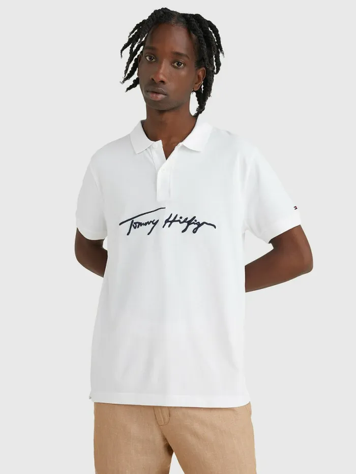 Tommy Hilfiger Signature Logo Regular Fit Polo White Mens Polo Shirts Gift for Friend Tommy Hilfiger Signature Logo Regular Fit Polo White Mens Polo Shirts Gift for Friend