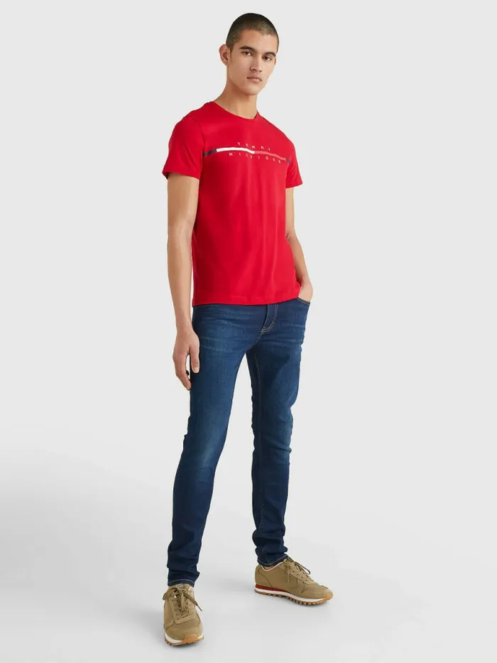 Tommy Hilfiger Signature Split Logo TShirt Blazer Red Mens TShirts Popular
