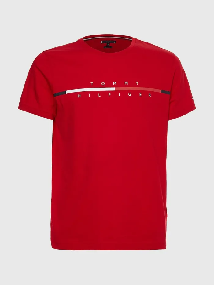 Tommy Hilfiger Signature Split Logo TShirt Blazer Red Mens TShirts Popular
