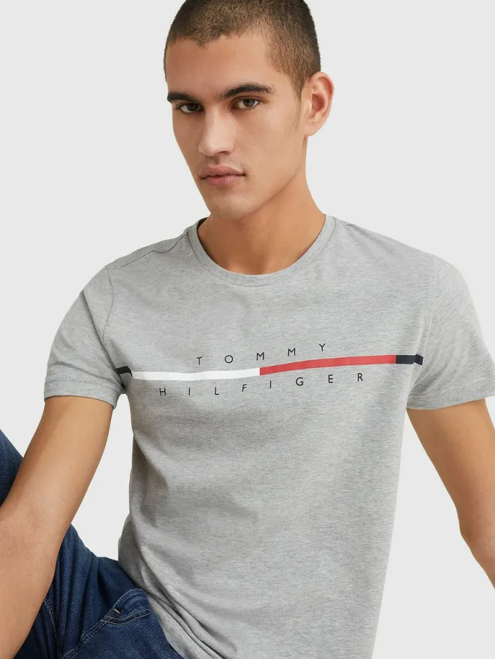 Tommy Hilfiger Signature Split Logo TShirt Light Grey Heather Mens TShirts Casaul