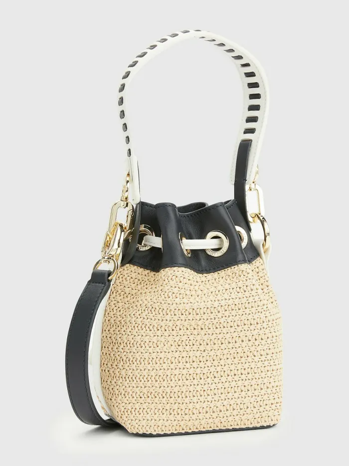 Tommy Hilfiger Small Luxe Leather Straw Bucket Bag Straw Womens Bags Online