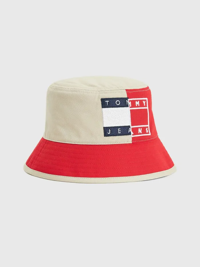 Tommy Hilfiger Spliced Logo ColourBlocked Bucket Hat Deep Crimson Colorblock Womens Hats and Scarves Near Me