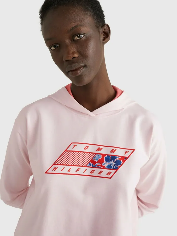 Tommy Hilfiger Sport Flag Logo Hoody Pale Pink Womens Sweatshirts and Hoodies For Sale
