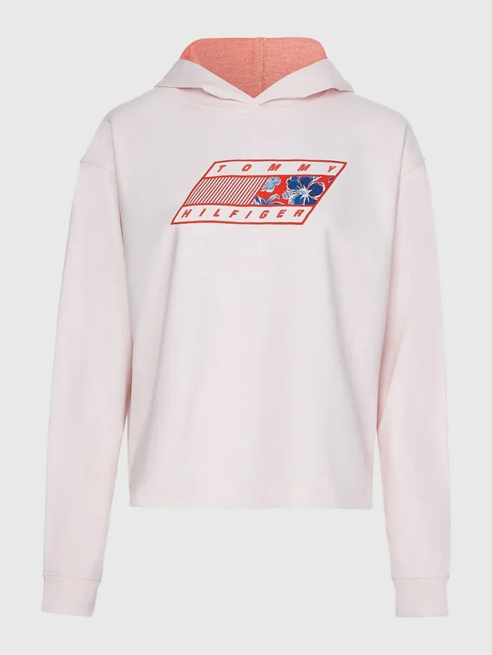 Tommy Hilfiger Sport Flag Logo Hoody Pale Pink Womens Sweatshirts and Hoodies For Sale