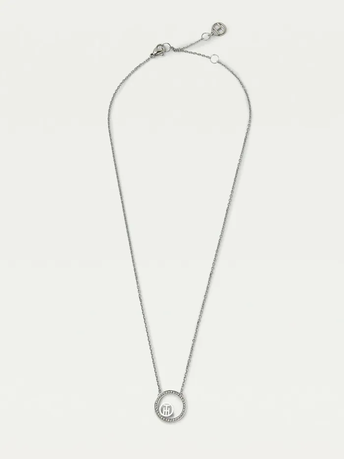 Tommy Hilfiger Stainless Steel Monogram Crystal Circle Necklace Silver Womens Jewellery Tommy Hilfiger Stainless Steel Monogram Crystal Circle Necklace Silver Womens Jewellery