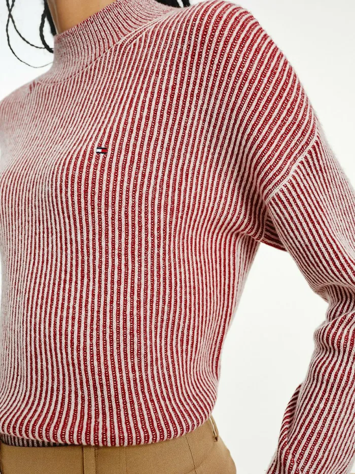 Tommy Hilfiger Stripe Mock Turtleneck Wool Jumper Regatta RedPale Pink Swt Womens Knitwear Gift 4 You