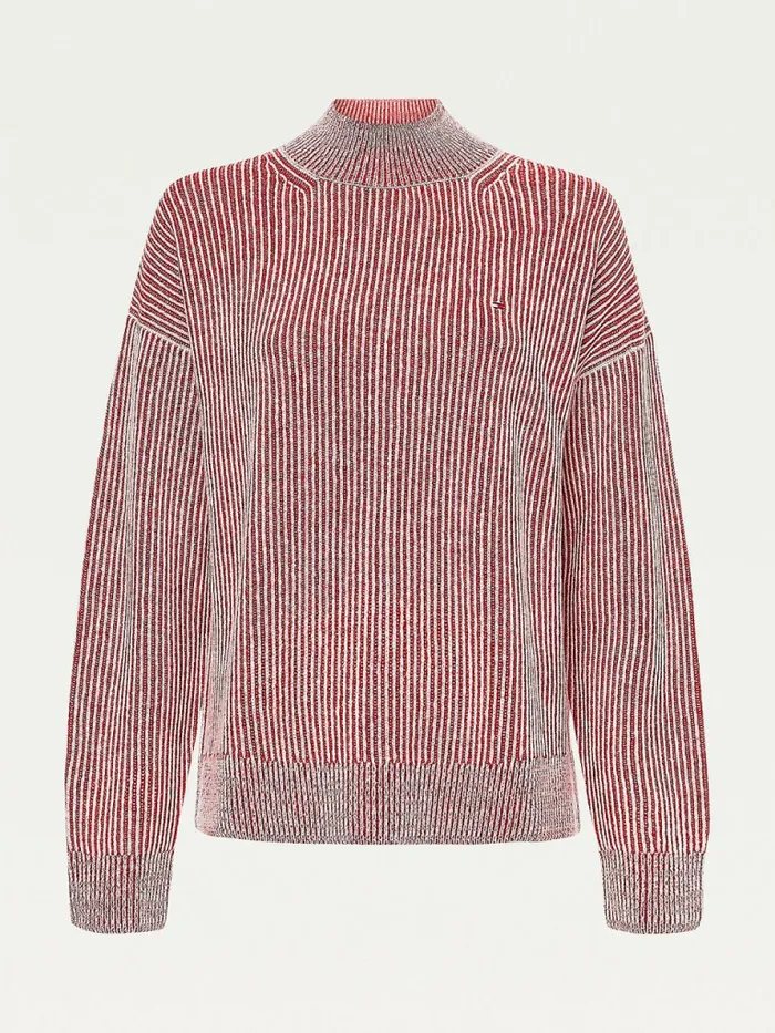 Tommy Hilfiger Stripe Mock Turtleneck Wool Jumper Regatta RedPale Pink Swt Womens Knitwear Gift 4 You