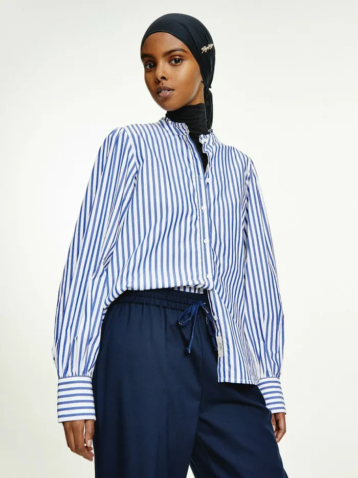 Tommy Hilfiger Stripe Relaxed Fit Frill Blouse Bold StpWedge Blue Womens Shirts and Blouses Gift for Friend