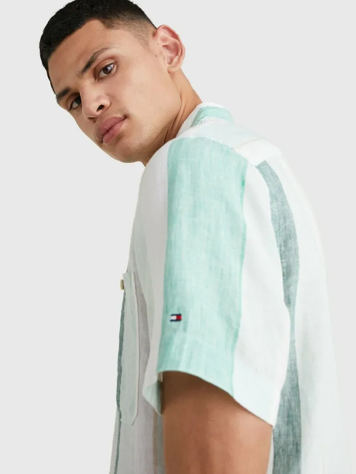 Tommy Hilfiger Stripe Short Sleeve Linen Shirt Minty EssenceMulti Mens Shirts Gift for Friend