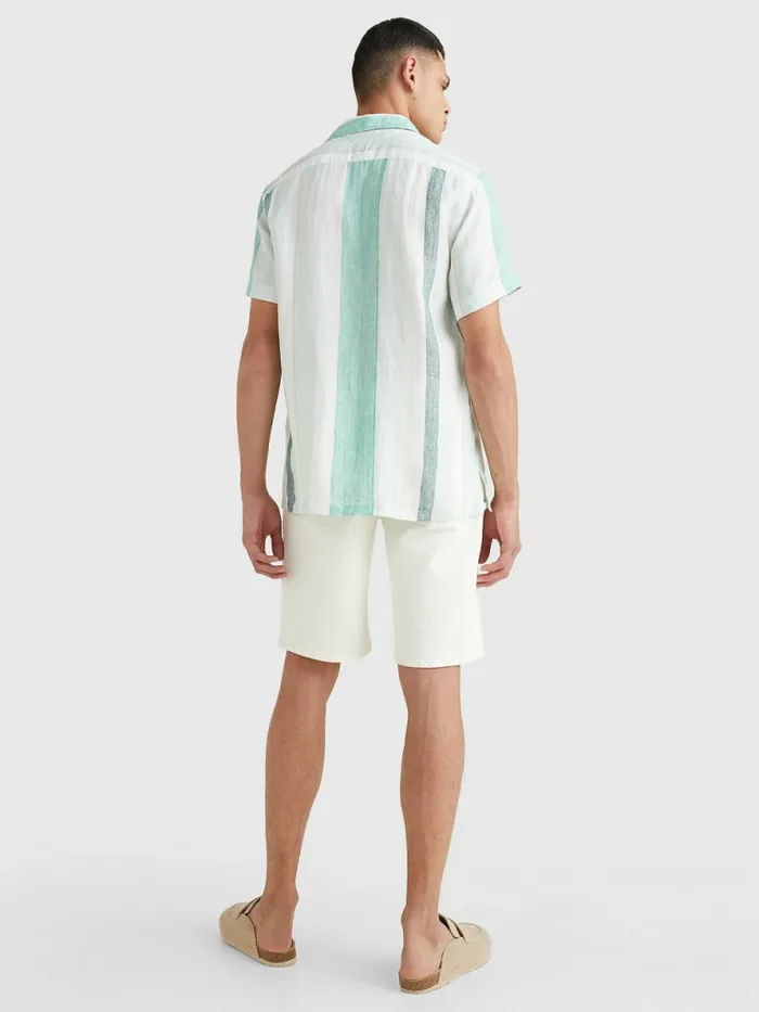 Tommy Hilfiger Stripe Short Sleeve Linen Shirt Minty EssenceMulti Mens Shirts Gift for Friend