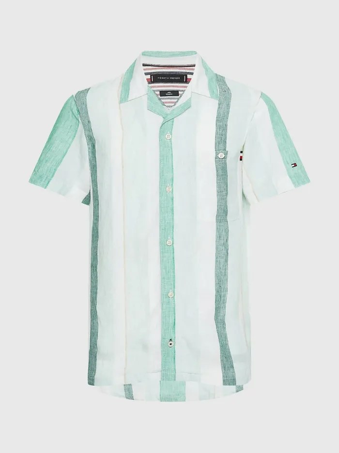 Tommy Hilfiger Stripe Short Sleeve Linen Shirt Minty EssenceMulti Mens Shirts Gift for Friend