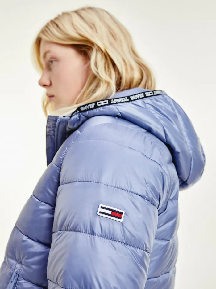 Tommy Hilfiger Tape Detail Quilted Hooded Jacket Lavender Grey Womens Coats and Jackets Popular