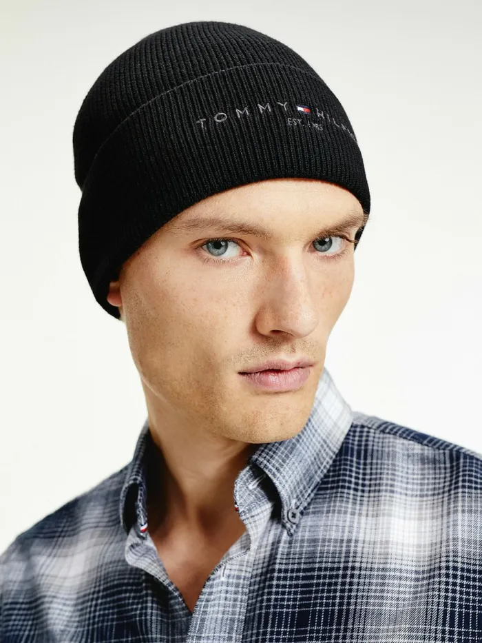 Tommy Hilfiger Th Established Knitted Cotton Beanie Black Mens Hats and Scarves Gift Ideas