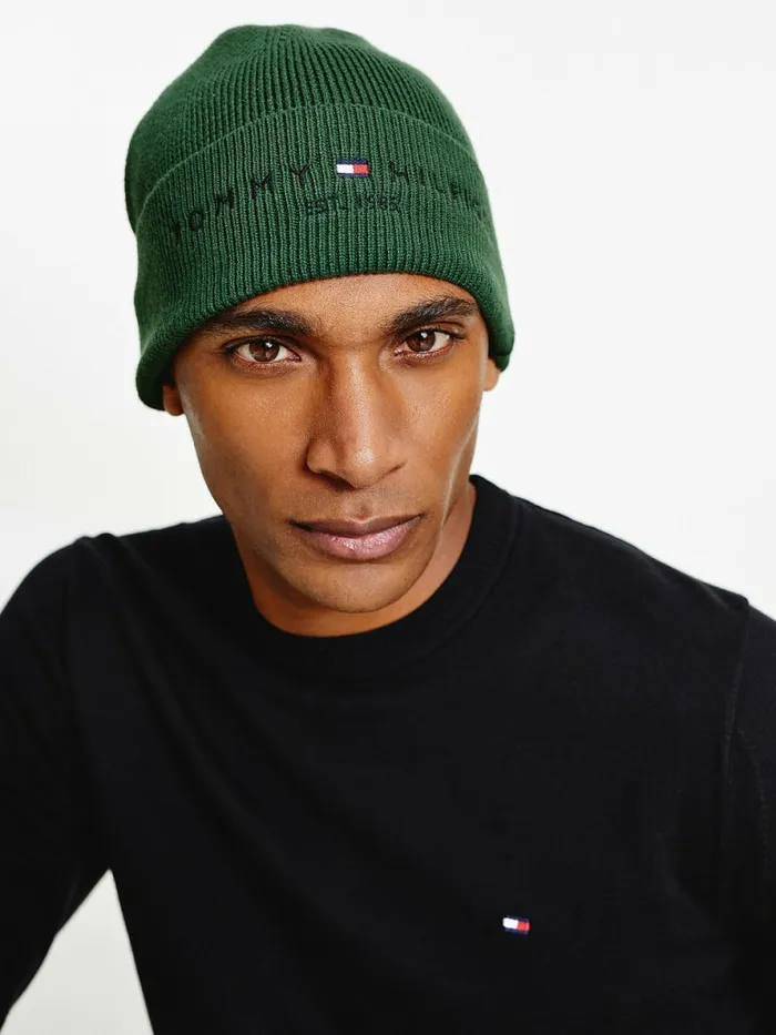 Tommy Hilfiger Th Established Knitted Cotton Beanie National Forest Mens Hats and Scarves Popular