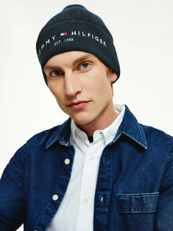 Tommy Hilfiger Th Established Knitted Cotton Beanie Tommy Navy Mens Hats and Scarves Sale