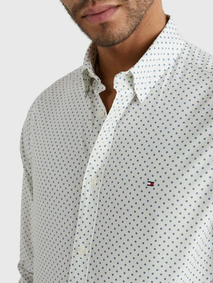 Tommy Hilfiger Th Flex Polka Dot Slim Shirt EcruCharcoal Blue Mens Shirts Gift 4 You