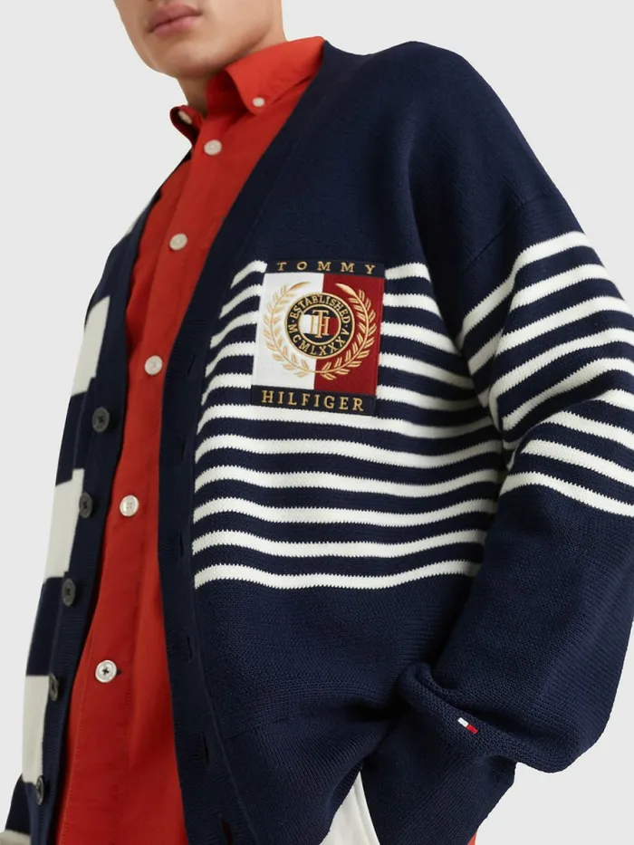Tommy Hilfiger Th Flex Stripe Crest Cardigan Desert Sky Mens Knitwear Sale