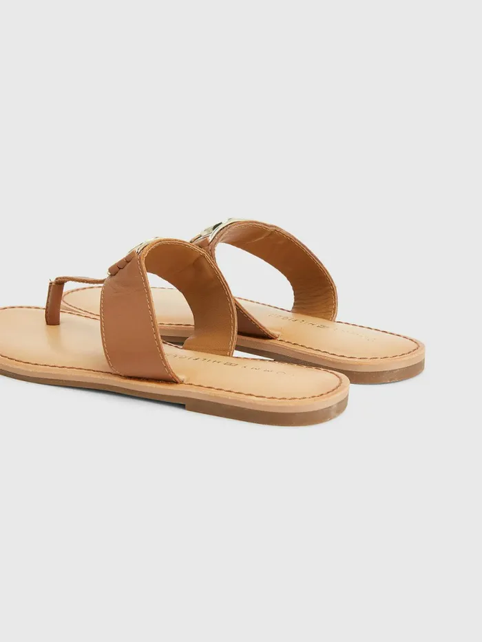 Tommy Hilfiger Th Interlock Plaque Flat Leather Sandals Summer Cognac Womens Sandals Cheap On Sale