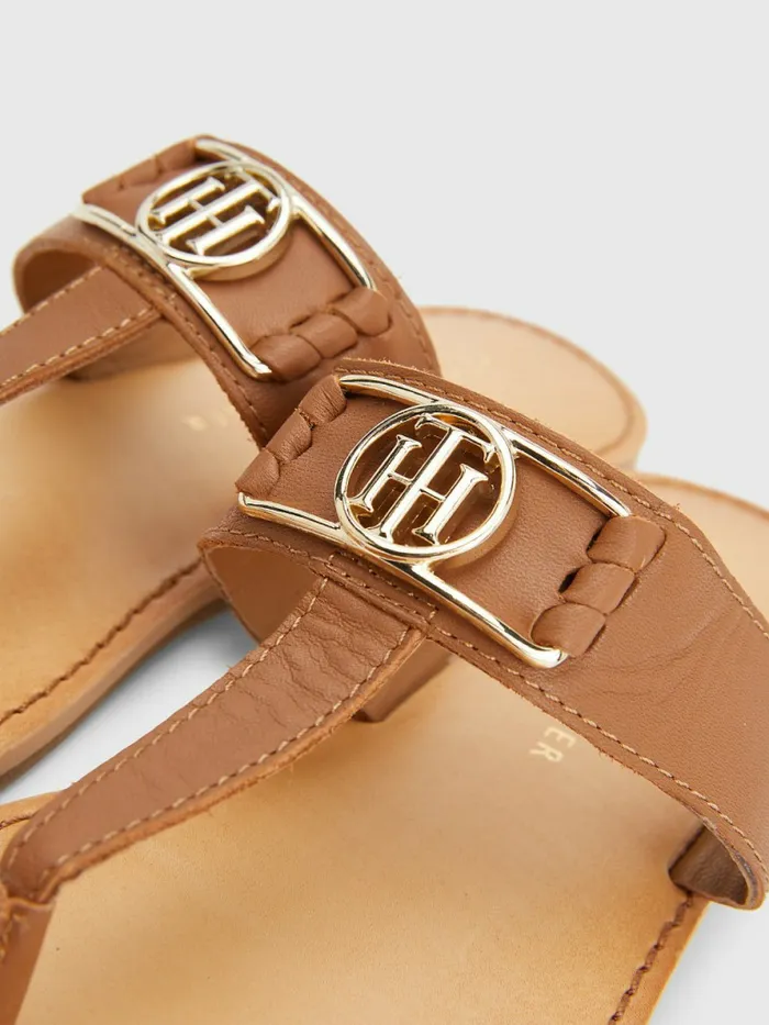 Tommy Hilfiger Th Interlock Plaque Flat Leather Sandals Summer Cognac Womens Sandals Cheap On Sale