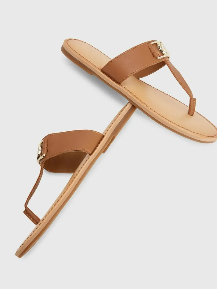 Tommy Hilfiger Th Interlock Plaque Flat Leather Sandals Summer Cognac Womens Sandals Cheap On Sale