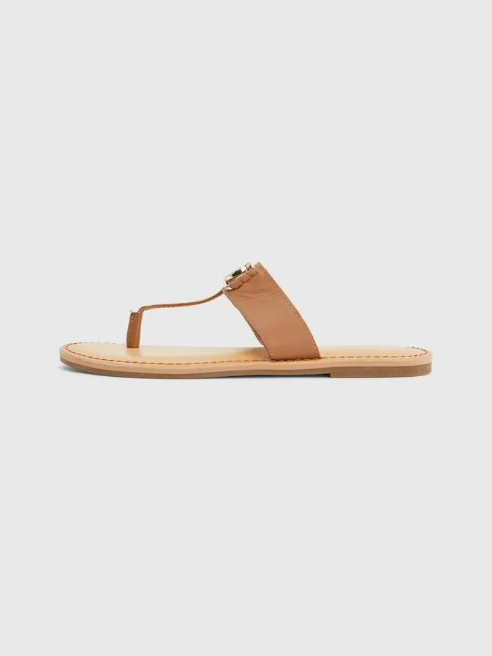 Tommy Hilfiger Th Interlock Plaque Flat Leather Sandals Summer Cognac Womens Sandals Cheap On Sale
