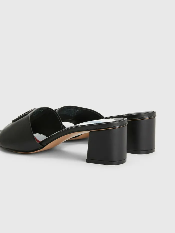 Tommy Hilfiger Th Monogram Block Heel Leather Mules Black Womens Sandals For Sale
