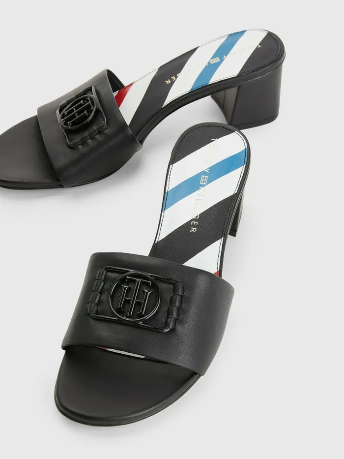 Tommy Hilfiger Th Monogram Block Heel Leather Mules Black Womens Sandals For Sale