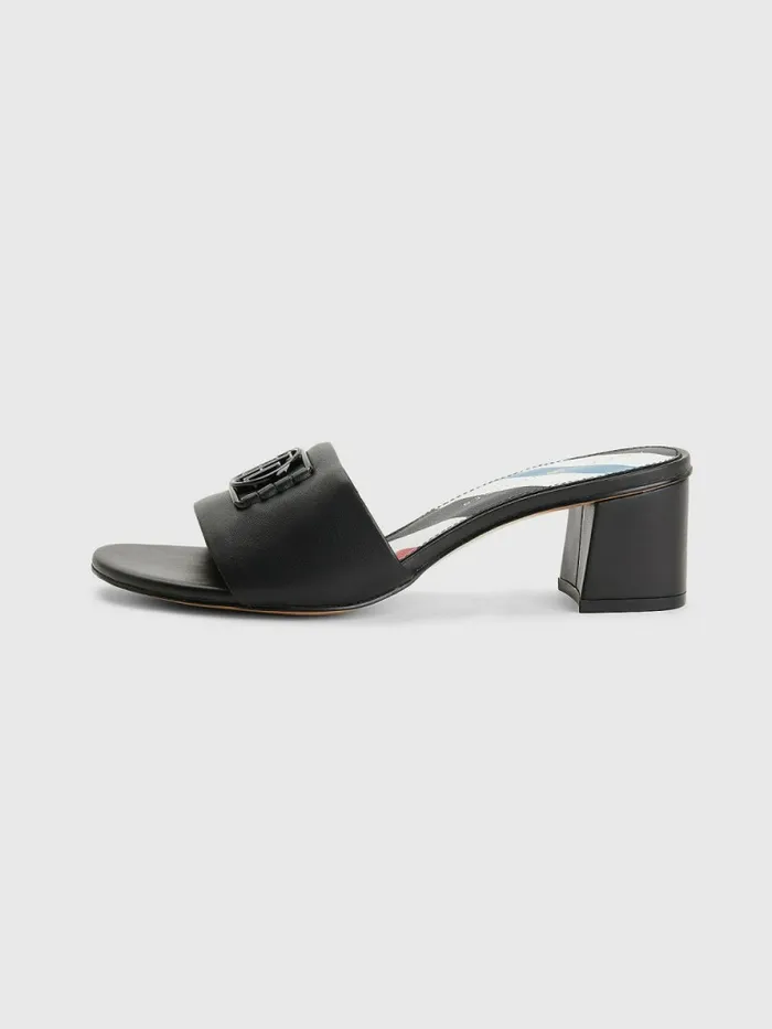 Tommy Hilfiger Th Monogram Block Heel Leather Mules Black Womens Sandals For Sale