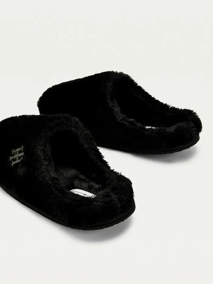 Tommy Hilfiger Th Monogram Faux Fur Slippers Black Womens Flat Shoes Cheap On Sale