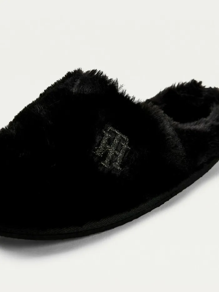 Tommy Hilfiger Th Monogram Faux Fur Slippers Black Womens Flat Shoes Cheap On Sale
