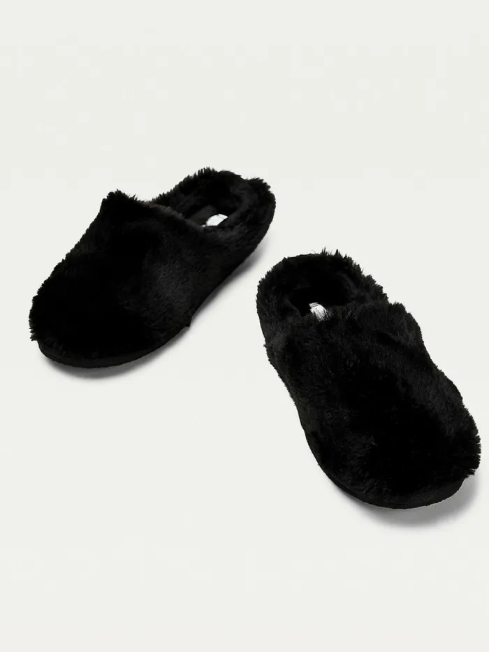 Tommy Hilfiger Th Monogram Faux Fur Slippers Black Womens Flat Shoes Cheap On Sale