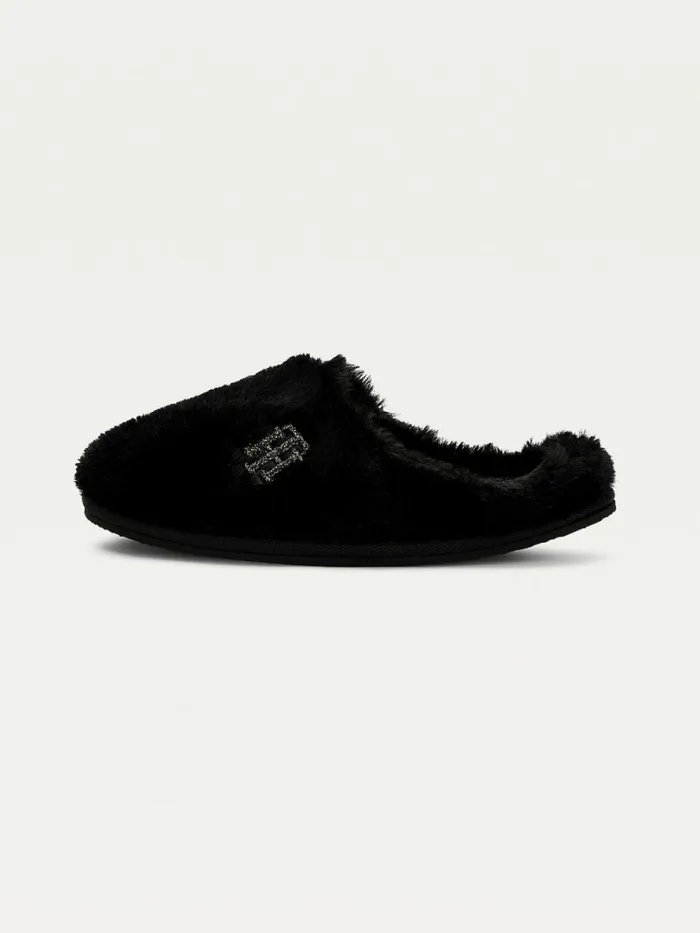 Tommy Hilfiger Th Monogram Faux Fur Slippers Black Womens Flat Shoes Cheap On Sale