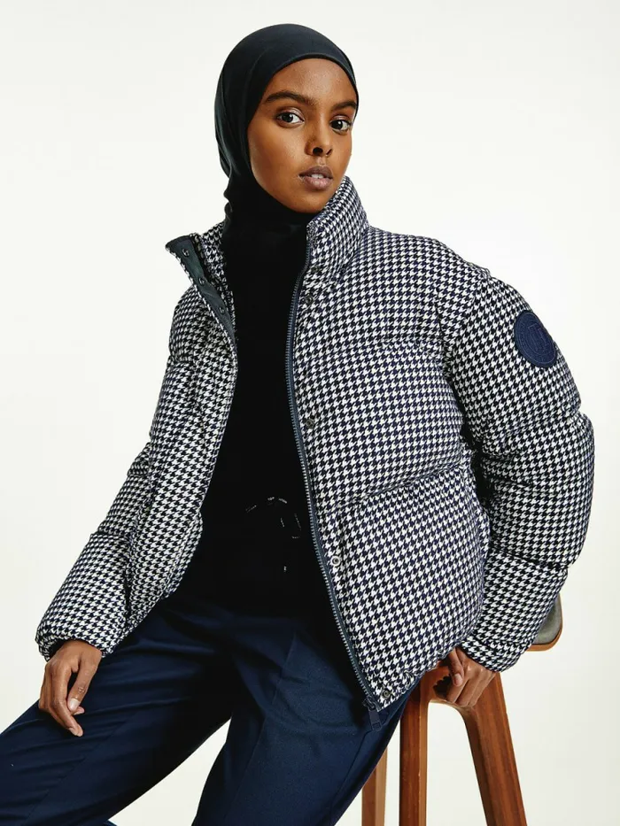 Tommy Hilfiger Th Protect Houndstooth Relaxed Down Jacket Small HoundstoothDesert Sky Ecru Womens Coats and Jackets Online