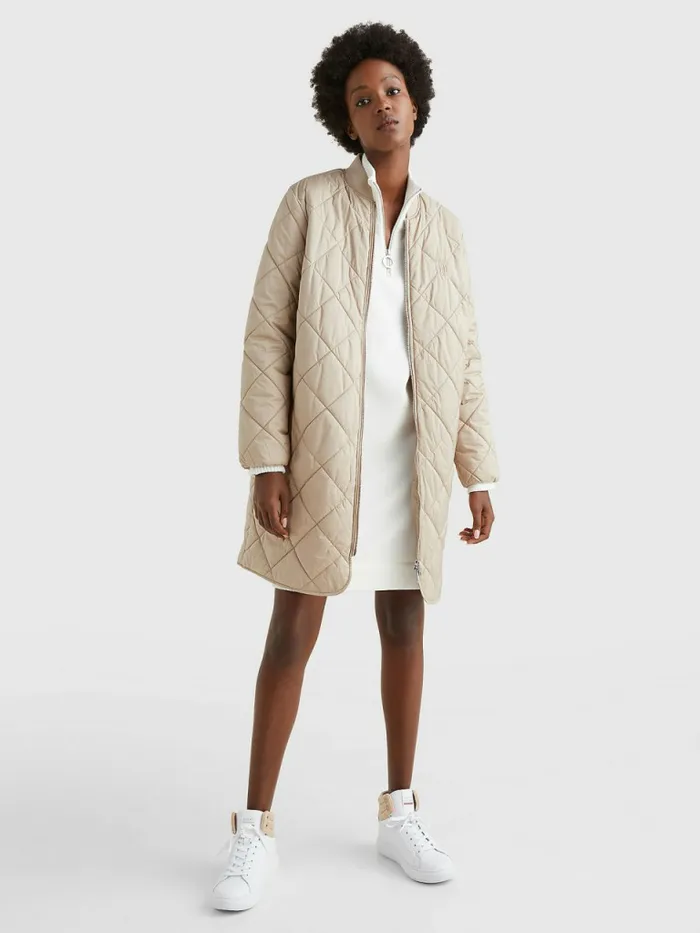 Tommy Hilfiger Th Protect Longline Quilted Bomber Coat Beige Womens Coats and Jackets For Sale