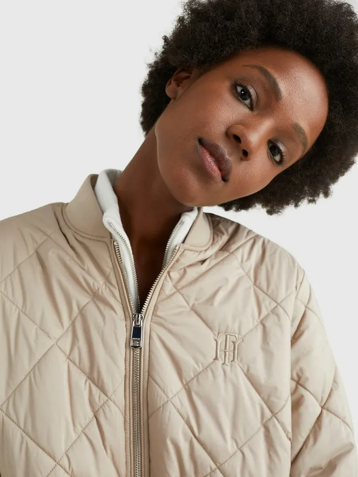 Tommy Hilfiger Th Protect Longline Quilted Bomber Coat Beige Womens Coats and Jackets For Sale