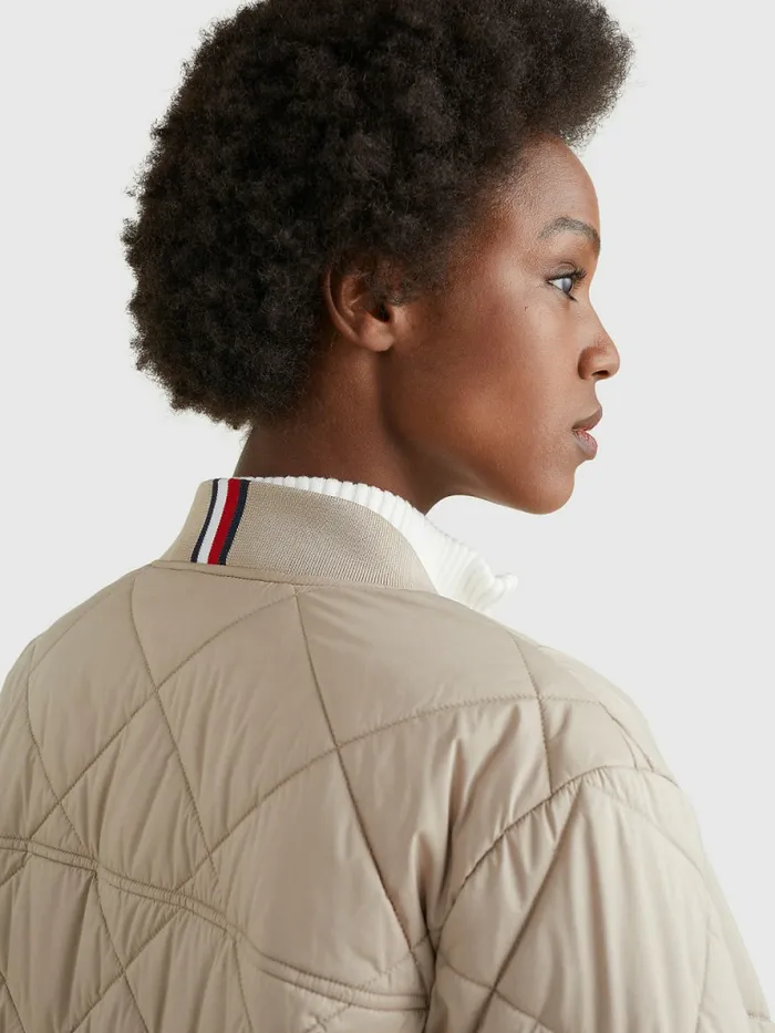 Tommy Hilfiger Th Protect Longline Quilted Bomber Coat Beige Womens Coats and Jackets For Sale