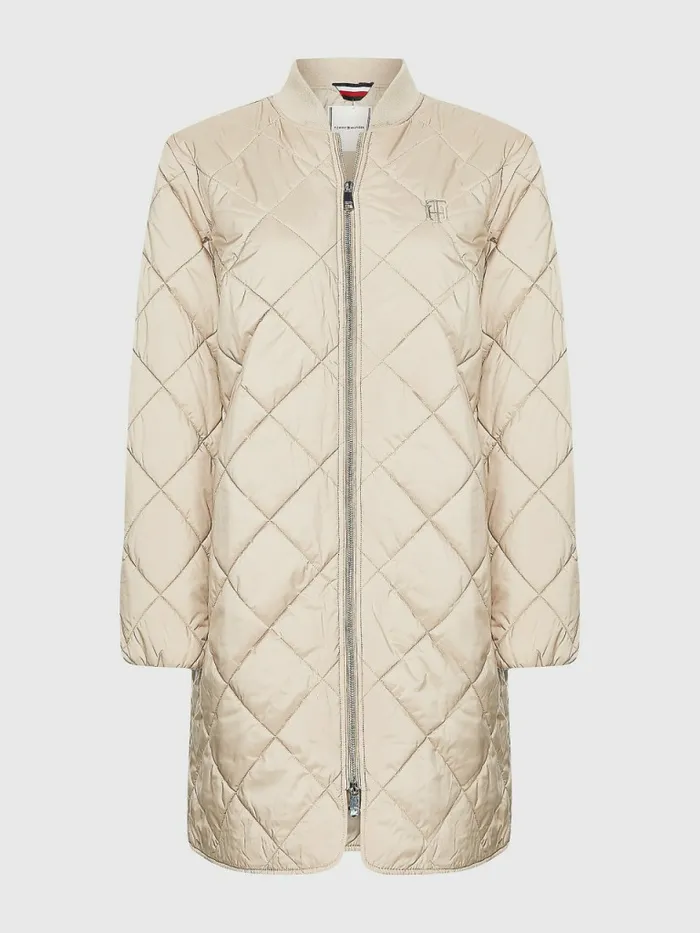 Tommy Hilfiger Th Protect Longline Quilted Bomber Coat Beige Womens Coats and Jackets For Sale