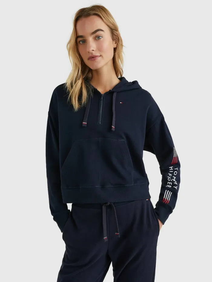 Tommy Hilfiger Th Stretch Logo Sleeve HalfZip Hoody Desert Sky Womens Lounge and Nightwear Tommy Hilfiger Th Stretch Logo Sleeve HalfZip Hoody Desert Sky Womens Lounge and Nightwear