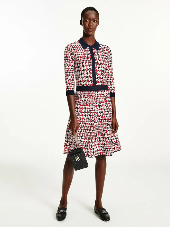 Tommy Hilfiger ThreeQuarter Sleeve Slim Fit Polo Dress Tri Color Houndstooth Womens Dresses and Jumpsuits For Sale Tommy Hilfiger ThreeQuarter Sleeve Slim Fit Polo Dress Tri Color Houndstooth Womens Dresses and Jumpsuits For Sale
