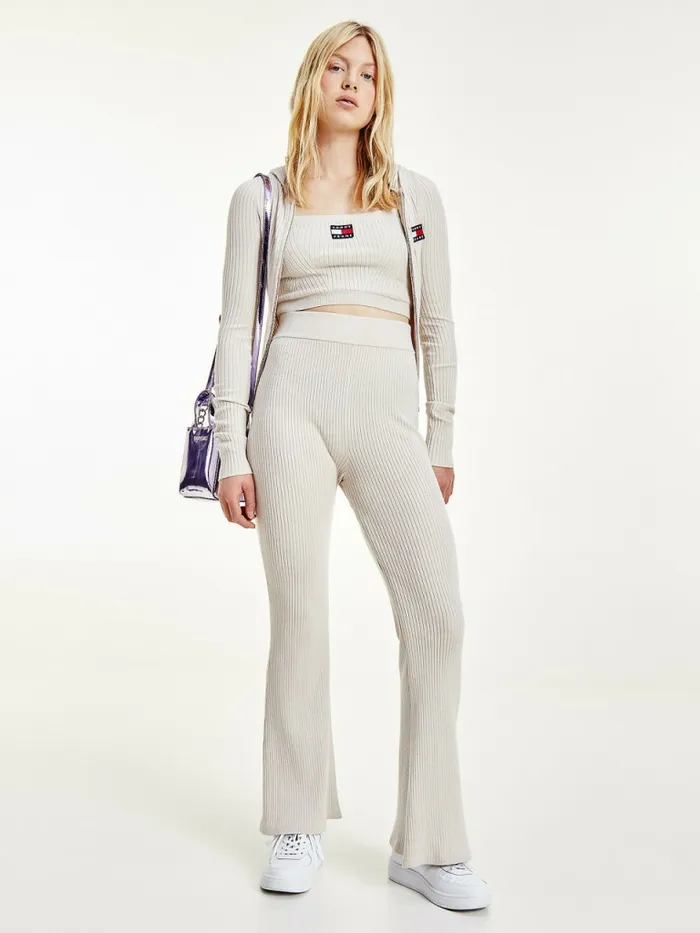 Tommy Hilfiger Tommy Badge ALine Ribbed Trousers Stony Beige Womens CoOrds