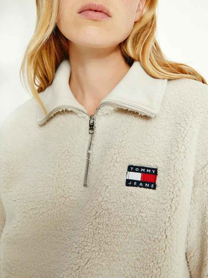 Tommy Hilfiger Tommy Badge Boxy Plush Fleece Sweatshirt Stony Beige Womens Sweatshirts and Hoodies Online