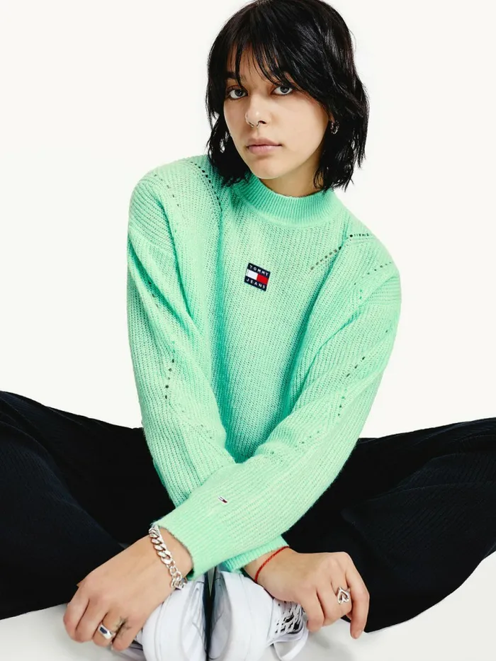 Tommy Hilfiger Tommy Badge Furry HighNeck Jumper Clear Lagoon Womens Knitwear Sale Tommy Hilfiger Tommy Badge Furry HighNeck Jumper Clear Lagoon Womens Knitwear Sale